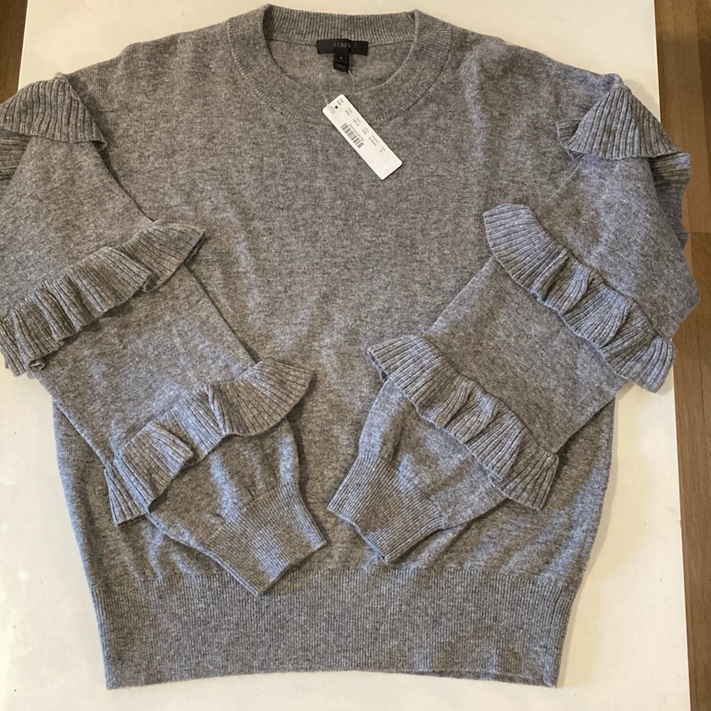NWT J. Crew Tiered Ruffled Sleeve Gray Knit Wool Sweater Small Gray - Picture 3 of 6